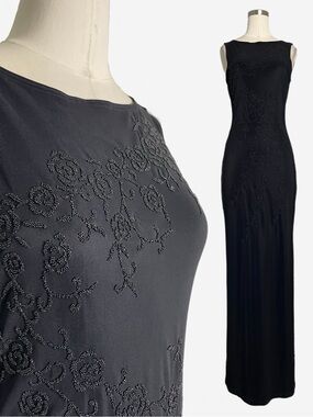 Vintage 90s Per Seption Black floral beaded maxi dress formal stretch XS/S
